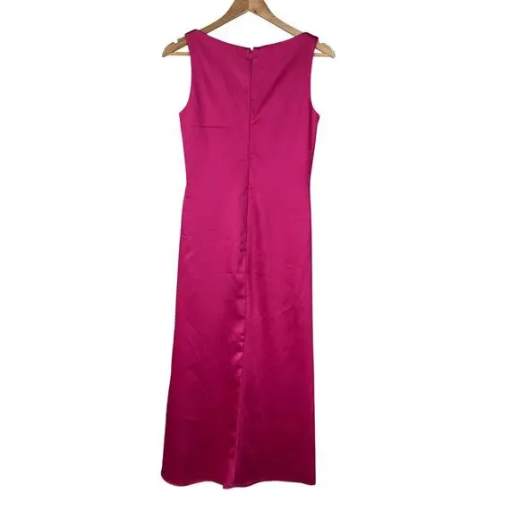 Mac Duggal NWT Pink Satin Ruched V-Neck Faux Wrap Midi Dress Size 4 Sleeveless - Picture 4 of 10